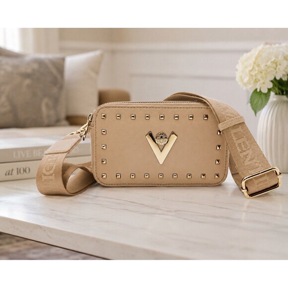 Valentino Handbags - Valentino Orlandi Taupe Patent Camera Studded Bag Gold Hardware Zip Detach Strap